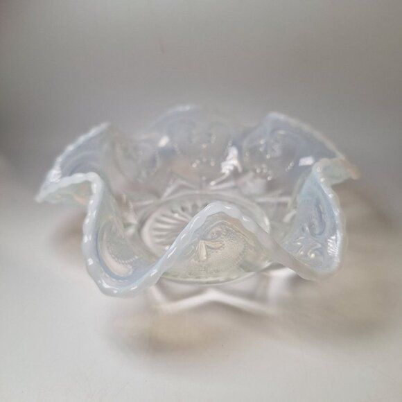 Vintage Opalescent Glass Ruffled Edge Bowl 6 Inch Scroll Depression Style Serve - Picture 4 of 5